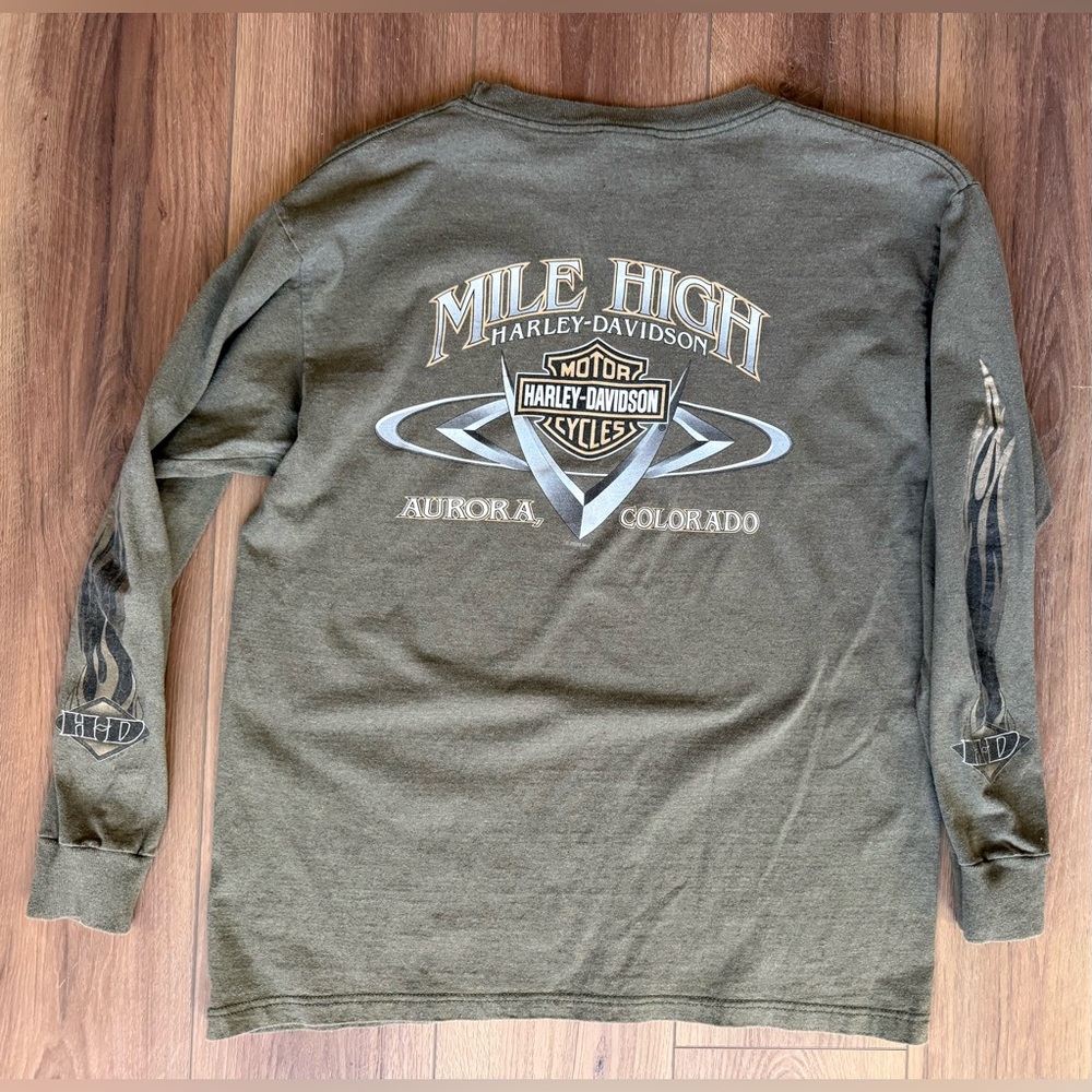 Vintage‎ Harley Davidson Flame Long Sleeve Made In USA Large Mile High Green - Picture 5 of 8
